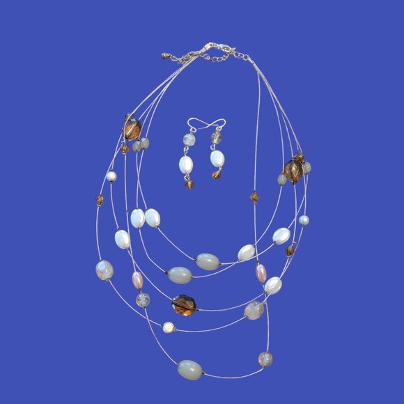 Beaded Necklace & Earring Set w Silver, White, and Amber Colors - Picture 1 of 13